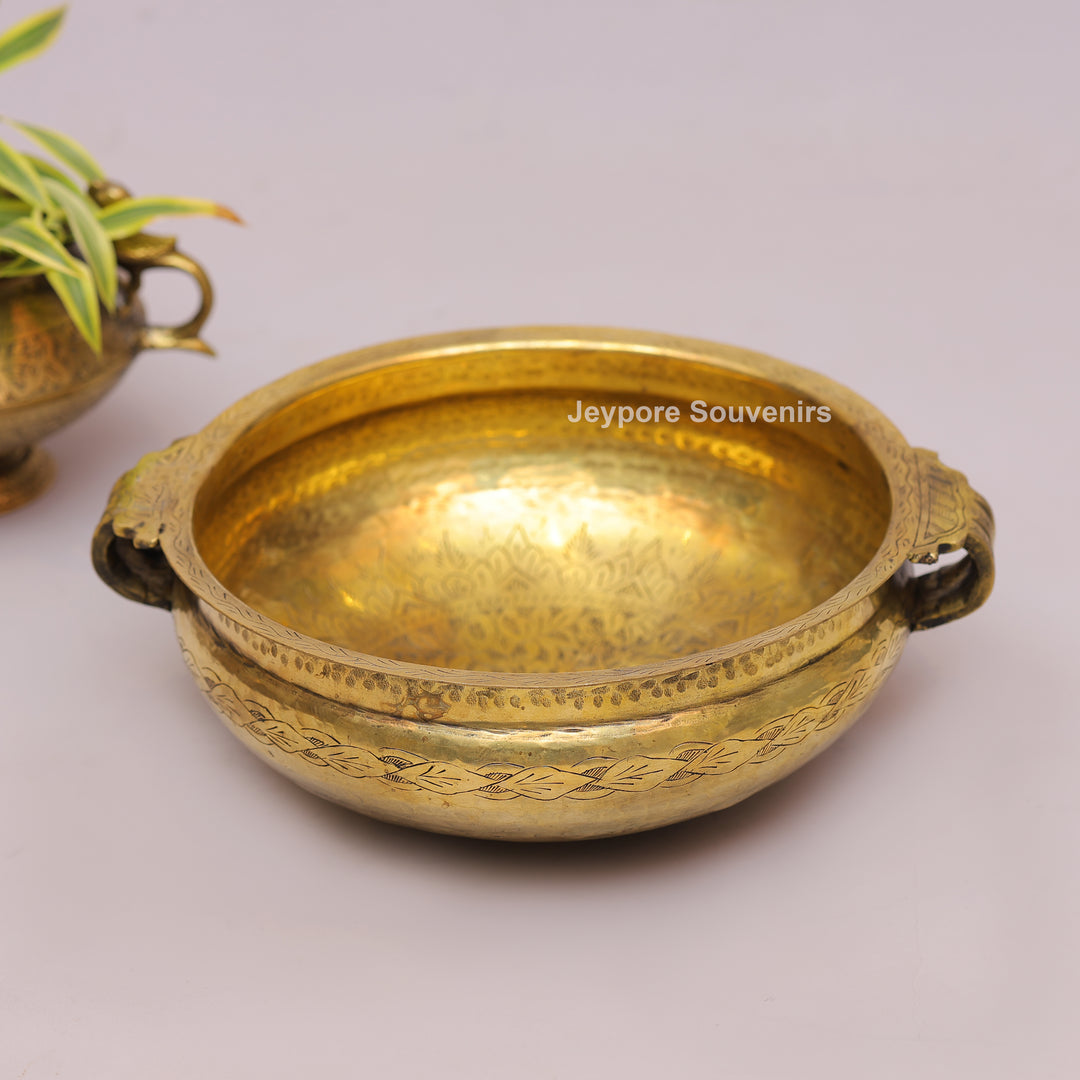 Traditional Handcrafted Brass Urli Bowl With Side Handles and Engraved Floral