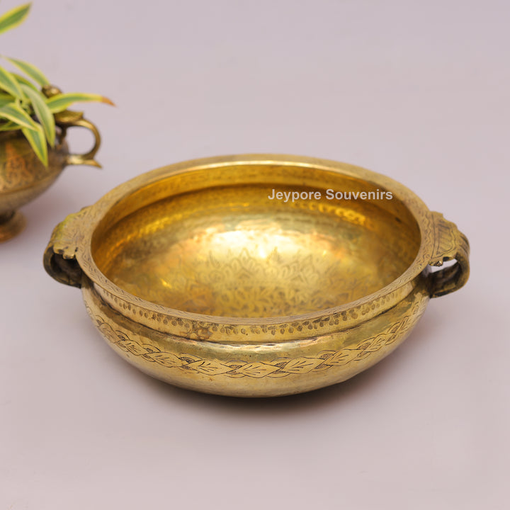 Traditional Handcrafted Brass Urli Bowl With Side Handles and Engraved Floral