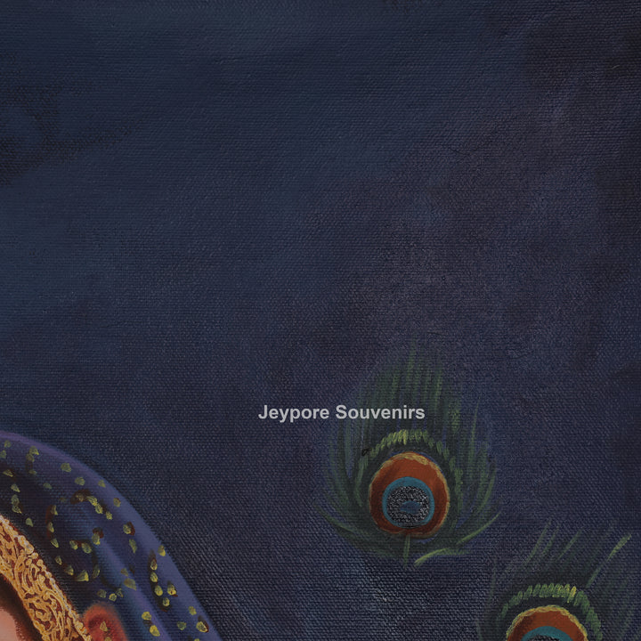 Radha With Peacock in Blue - Handmade Painting