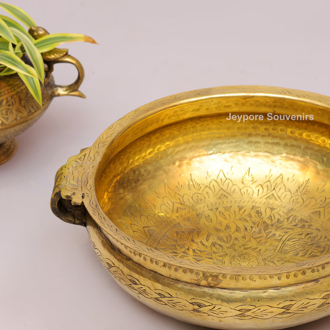 Traditional Handcrafted Brass Urli Bowl With Side Handles and Engraved Floral