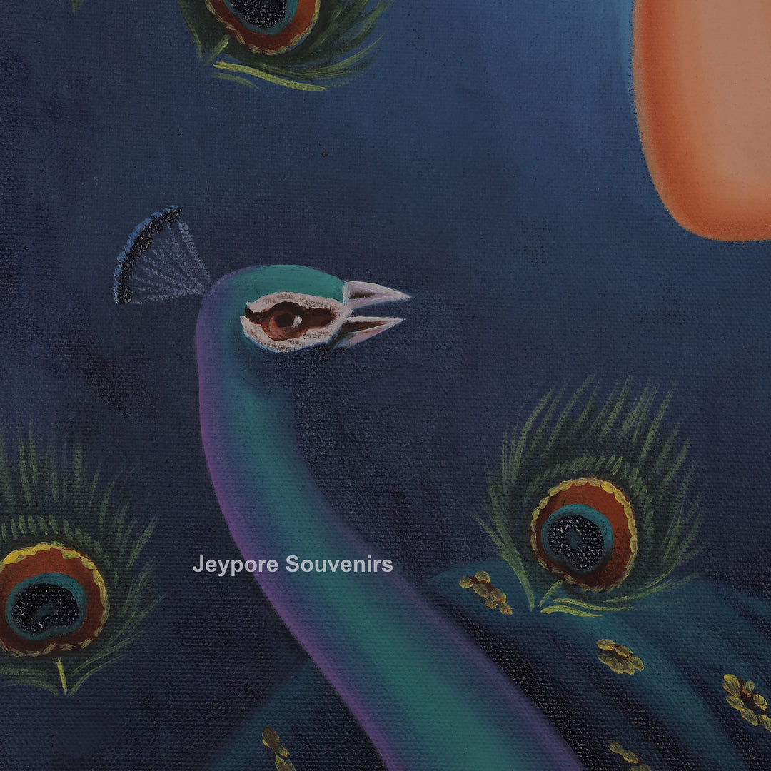 Radha With Peacock in Blue - Handmade Painting