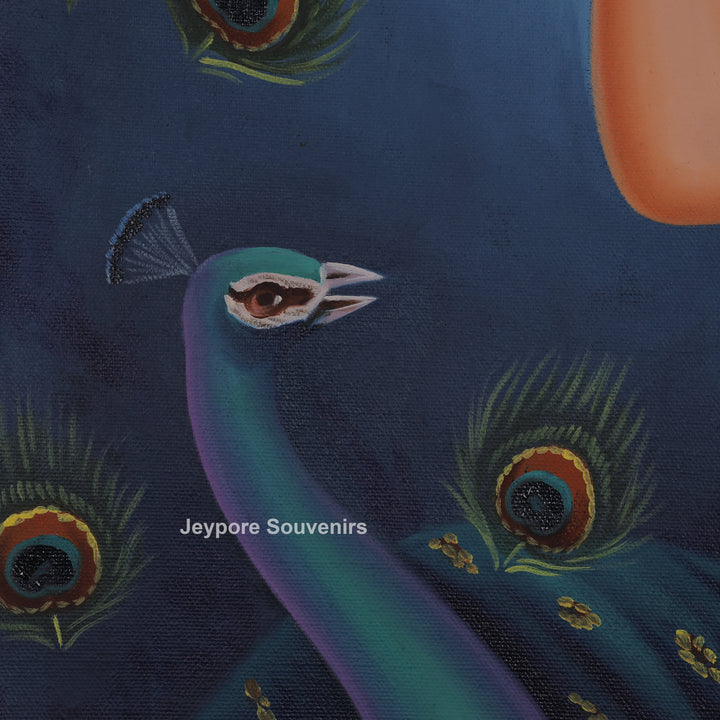 Radha With Peacock in Blue - Handmade Painting