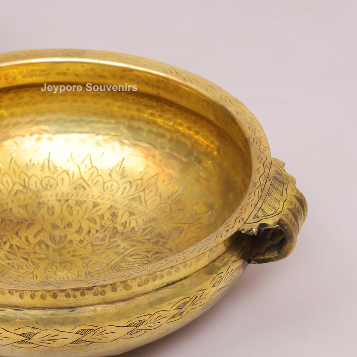 Traditional Handcrafted Brass Urli Bowl With Side Handles and Engraved Floral