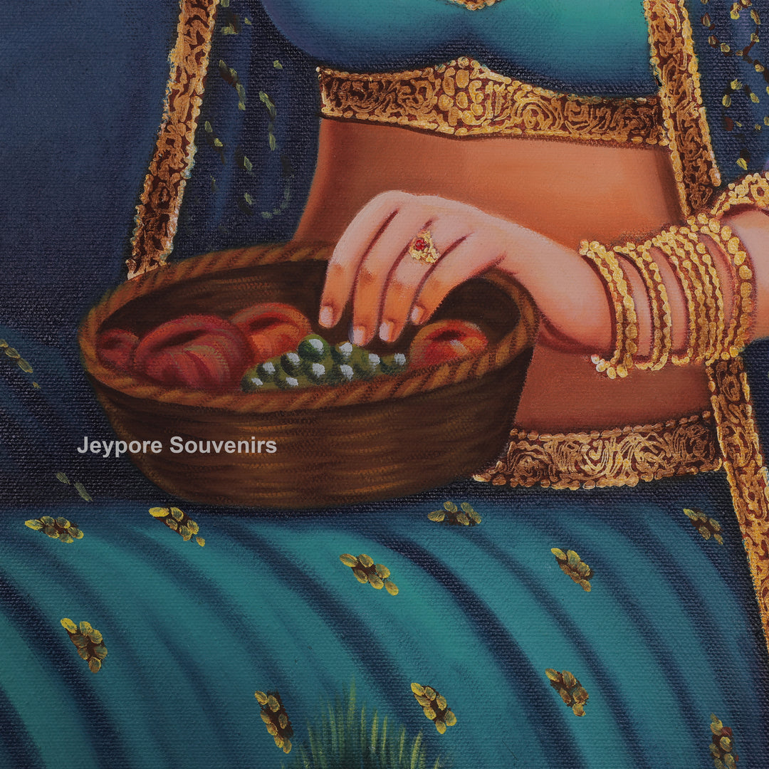 Radha With Peacock in Blue - Handmade Painting