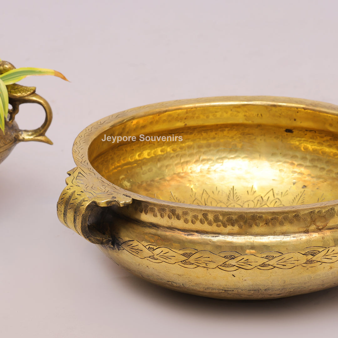 Traditional Handcrafted Brass Urli Bowl With Side Handles and Engraved Floral