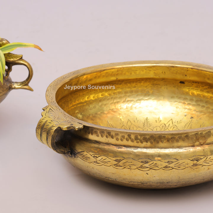 Traditional Handcrafted Brass Urli Bowl With Side Handles and Engraved Floral