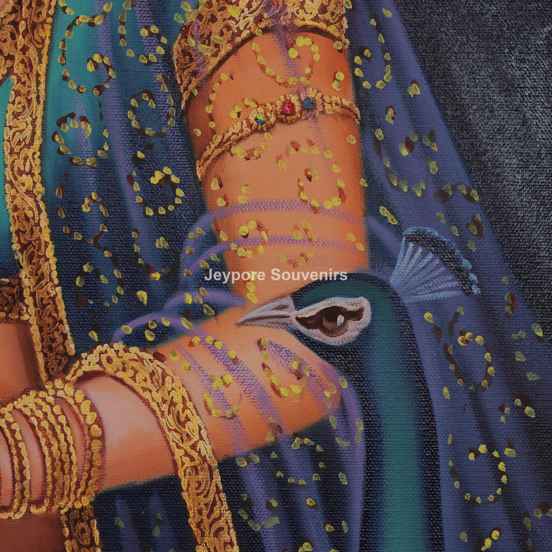 Radha With Peacock in Blue - Handmade Painting