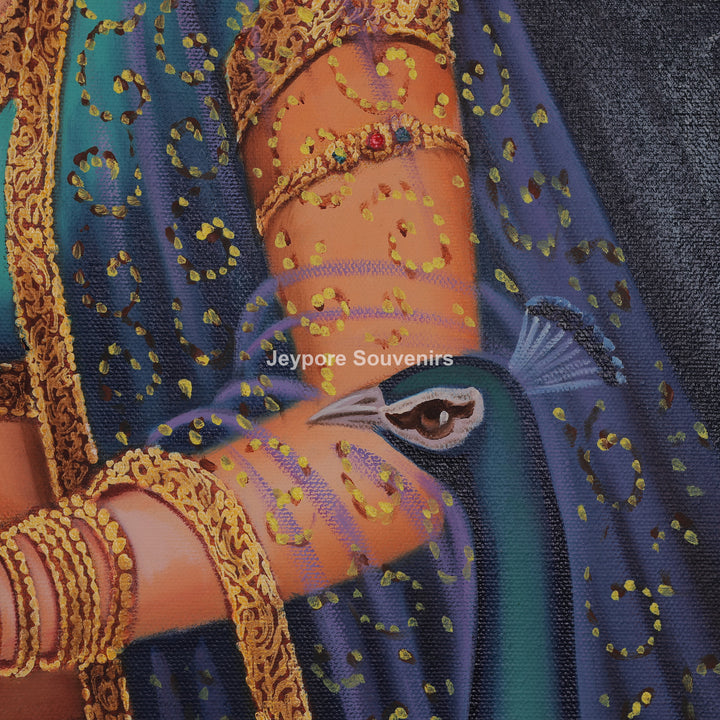 Radha With Peacock in Blue - Handmade Painting