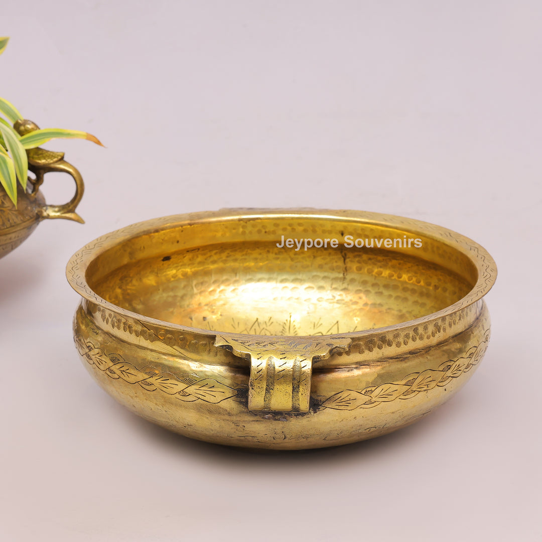 Traditional Handcrafted Brass Urli Bowl With Side Handles and Engraved Floral