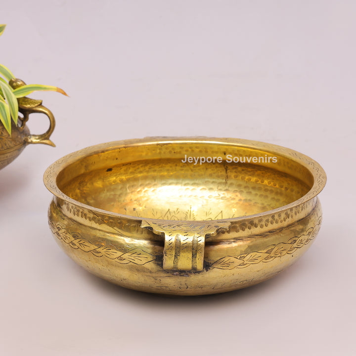 Traditional Handcrafted Brass Urli Bowl With Side Handles and Engraved Floral