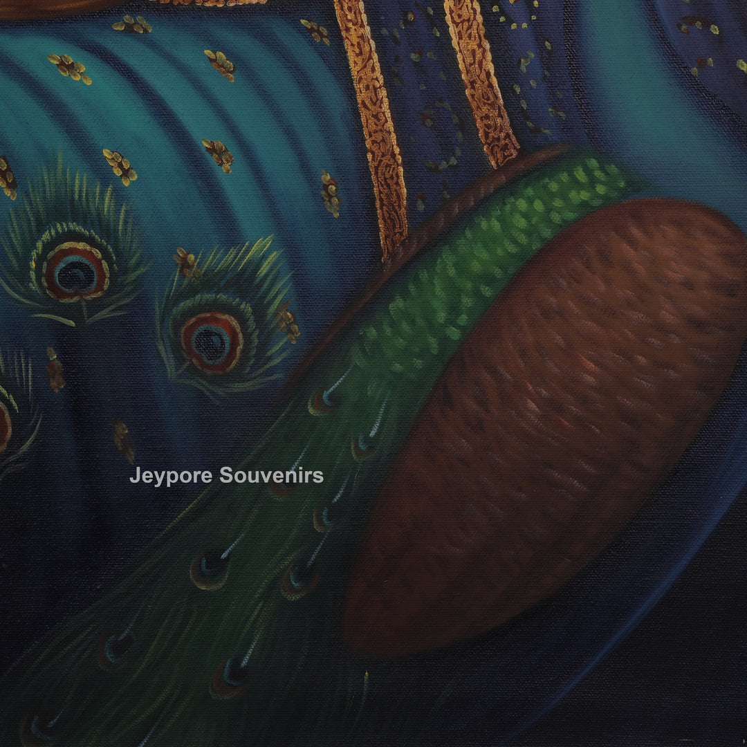 Radha With Peacock in Blue - Handmade Painting