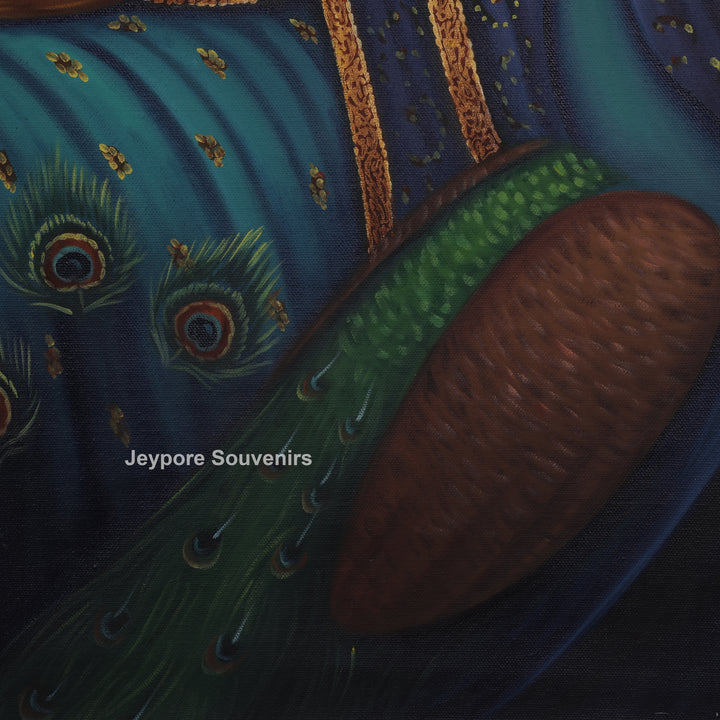 Radha With Peacock in Blue - Handmade Painting