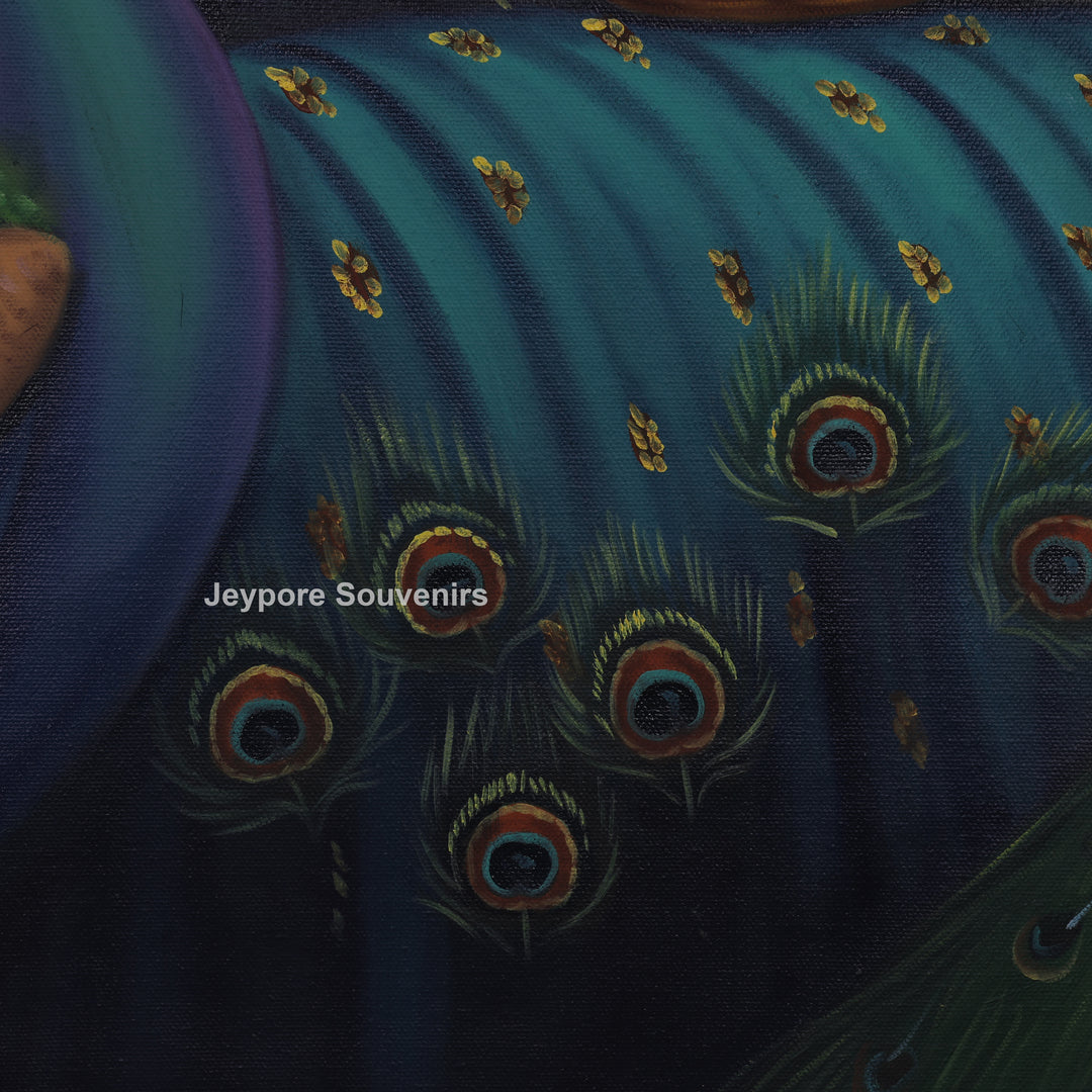 Radha With Peacock in Blue - Handmade Painting