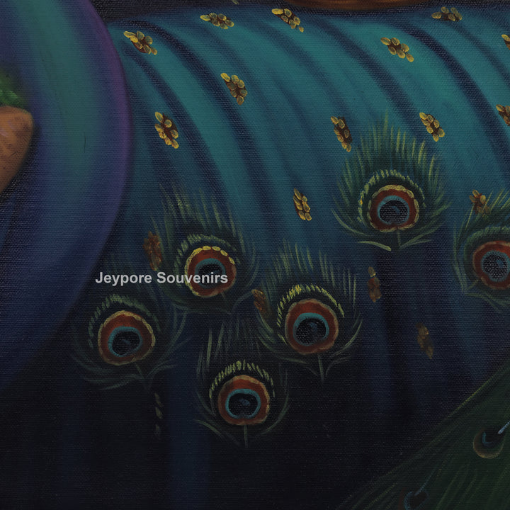 Radha With Peacock in Blue - Handmade Painting