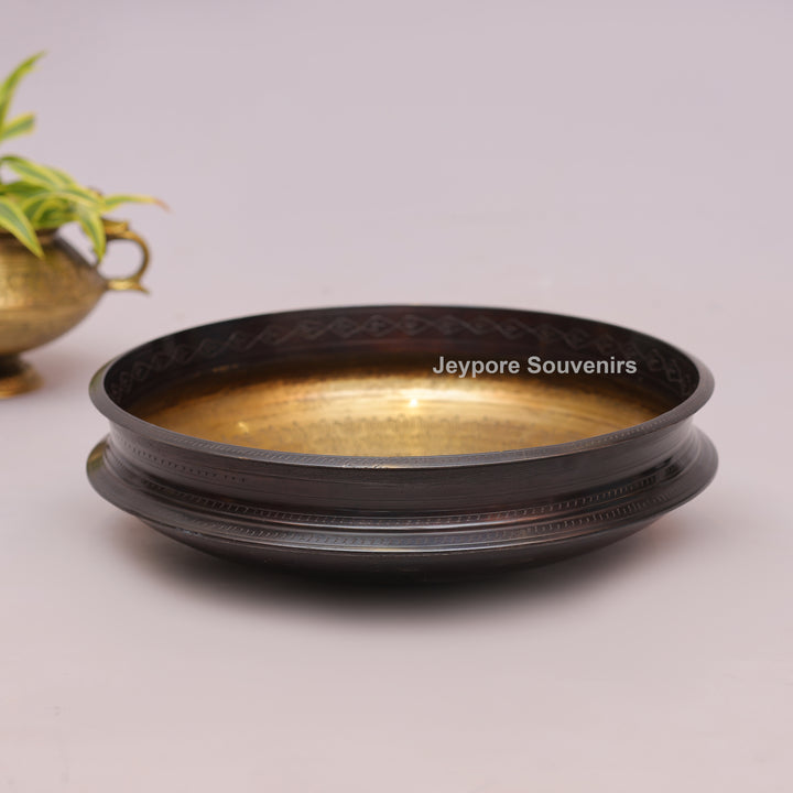 Traditional Brass Urli with Polished Golden Interior &amp; Antique Engraved Exterior