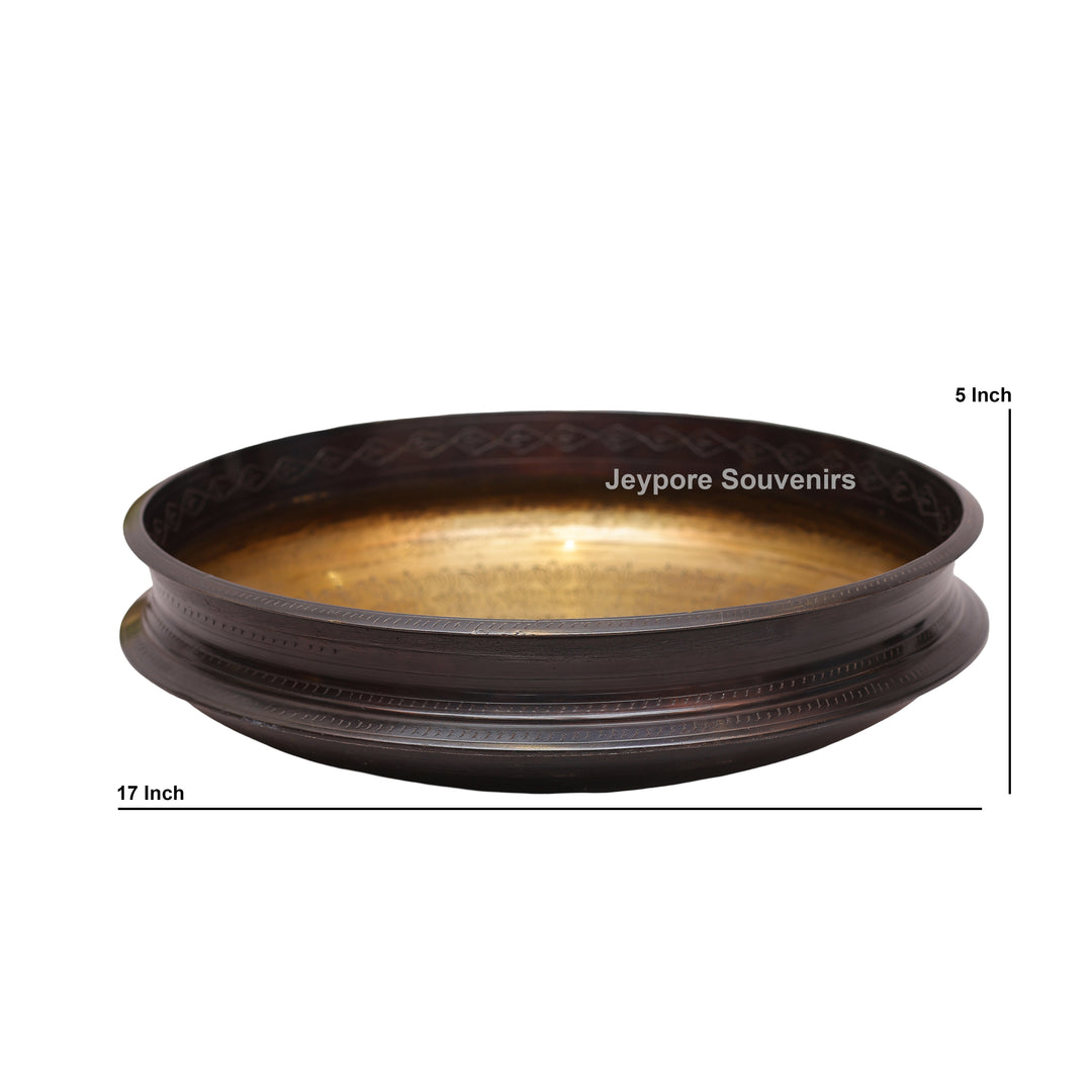 Traditional Brass Urli with Polished Golden Interior &amp; Antique Engraved Exterior
