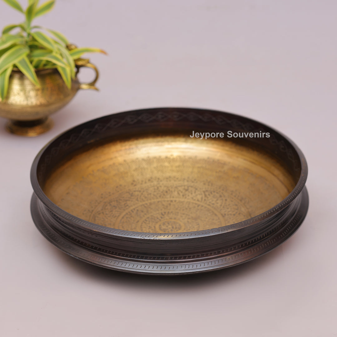 Traditional Brass Urli with Polished Golden Interior &amp; Antique Engraved Exterior