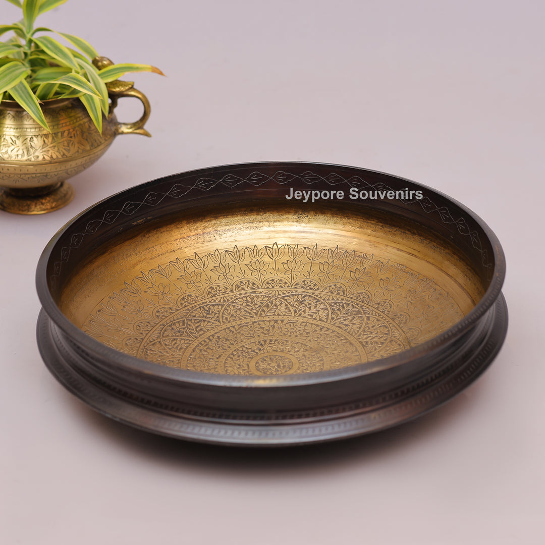 Traditional Brass Urli with Polished Golden Interior &amp; Antique Engraved Exterior