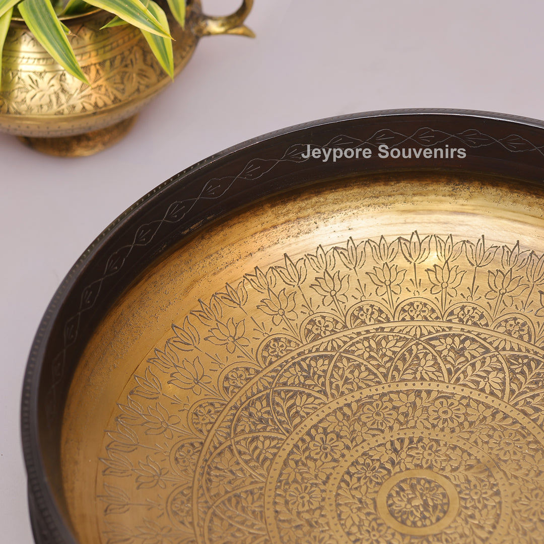 Traditional Brass Urli with Polished Golden Interior &amp; Antique Engraved Exterior