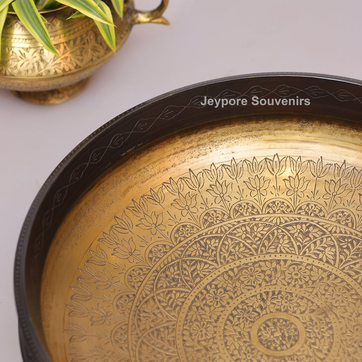 Traditional Brass Urli with Polished Golden Interior &amp; Antique Engraved Exterior