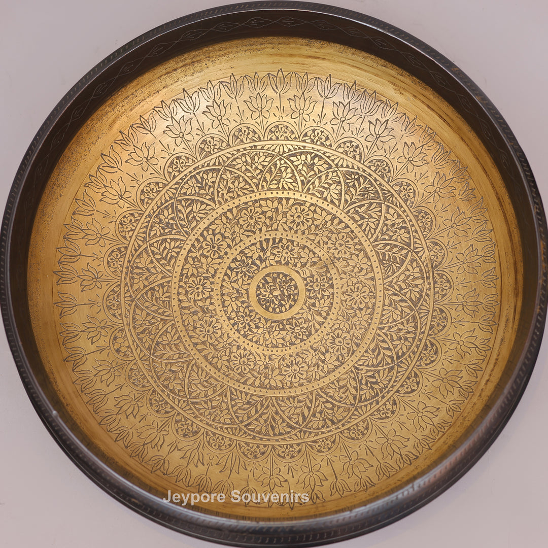 Traditional Brass Urli with Polished Golden Interior &amp; Antique Engraved Exterior