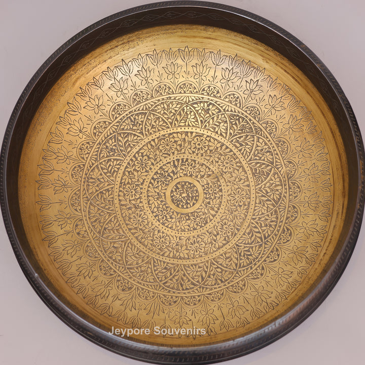 Traditional Brass Urli with Polished Golden Interior &amp; Antique Engraved Exterior
