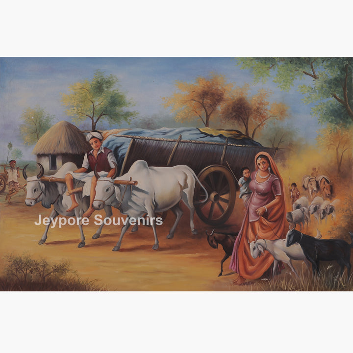 Indian Village Life Canvas Painting | Handcrafted Rural Heritage Wall Art