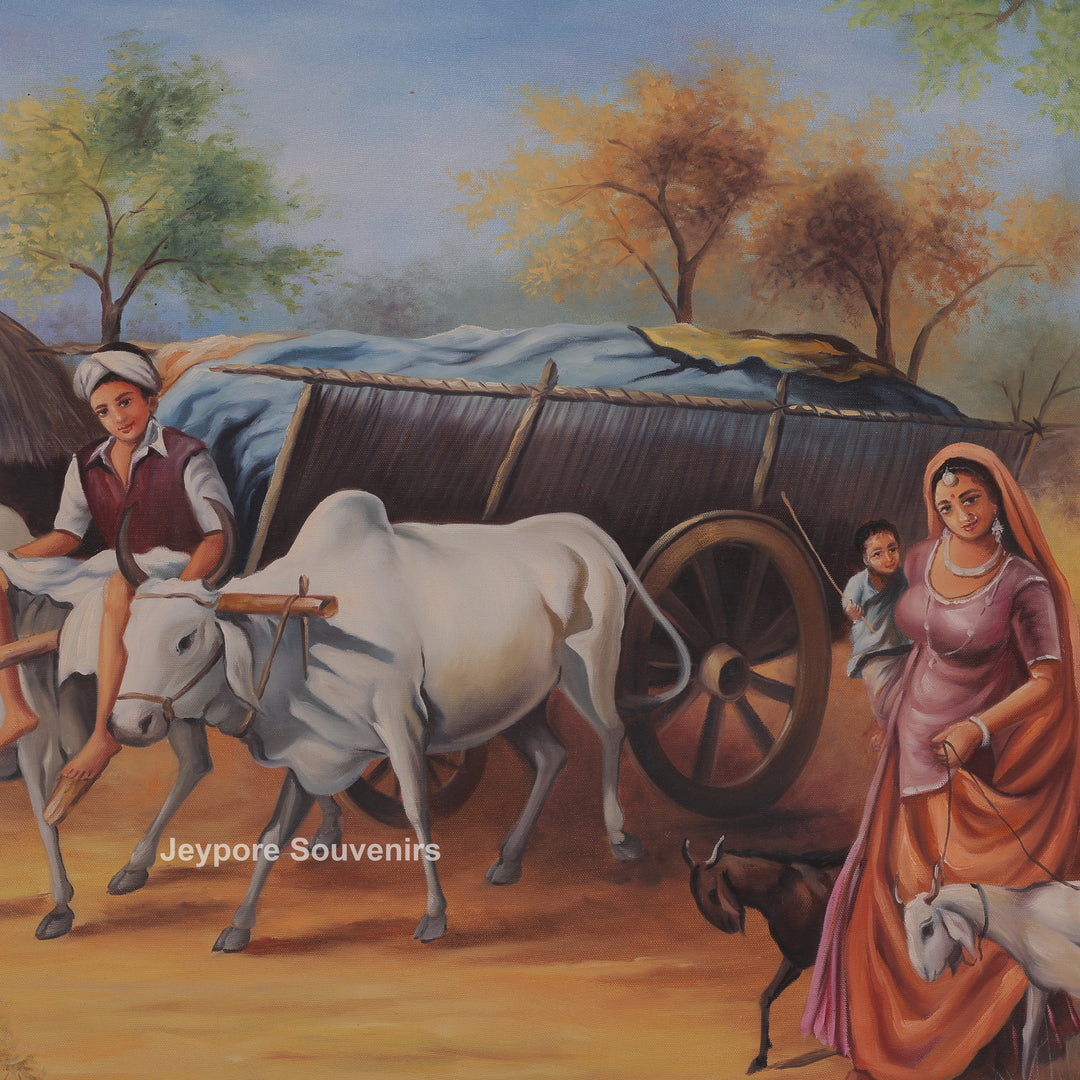 Indian Village Life Canvas Painting | Handcrafted Rural Heritage Wall Art