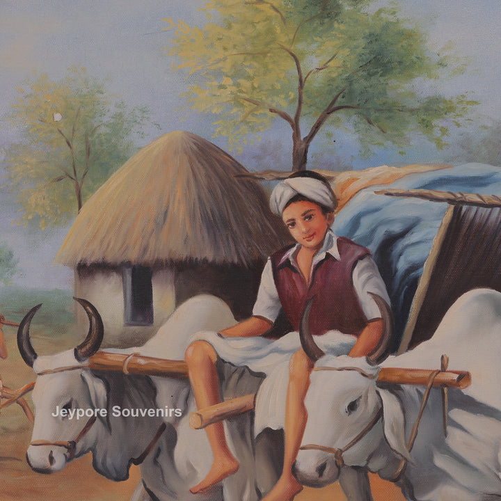 Indian Village Life Canvas Painting | Handcrafted Rural Heritage Wall Art