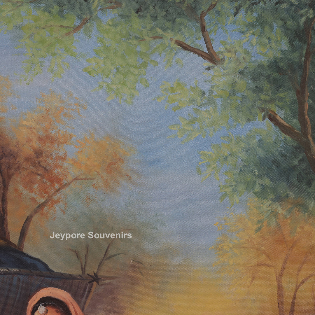 Indian Village Life Canvas Painting | Handcrafted Rural Heritage Wall Art