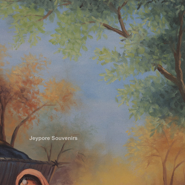 Indian Village Life Canvas Painting | Handcrafted Rural Heritage Wall Art