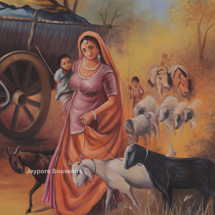 Indian Village Life Canvas Painting | Handcrafted Rural Heritage Wall Art