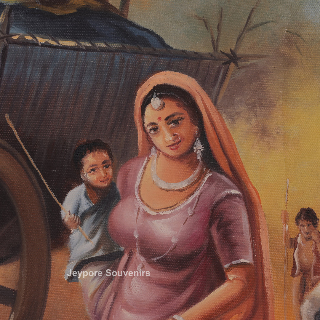 Indian Village Life Canvas Painting | Handcrafted Rural Heritage Wall Art
