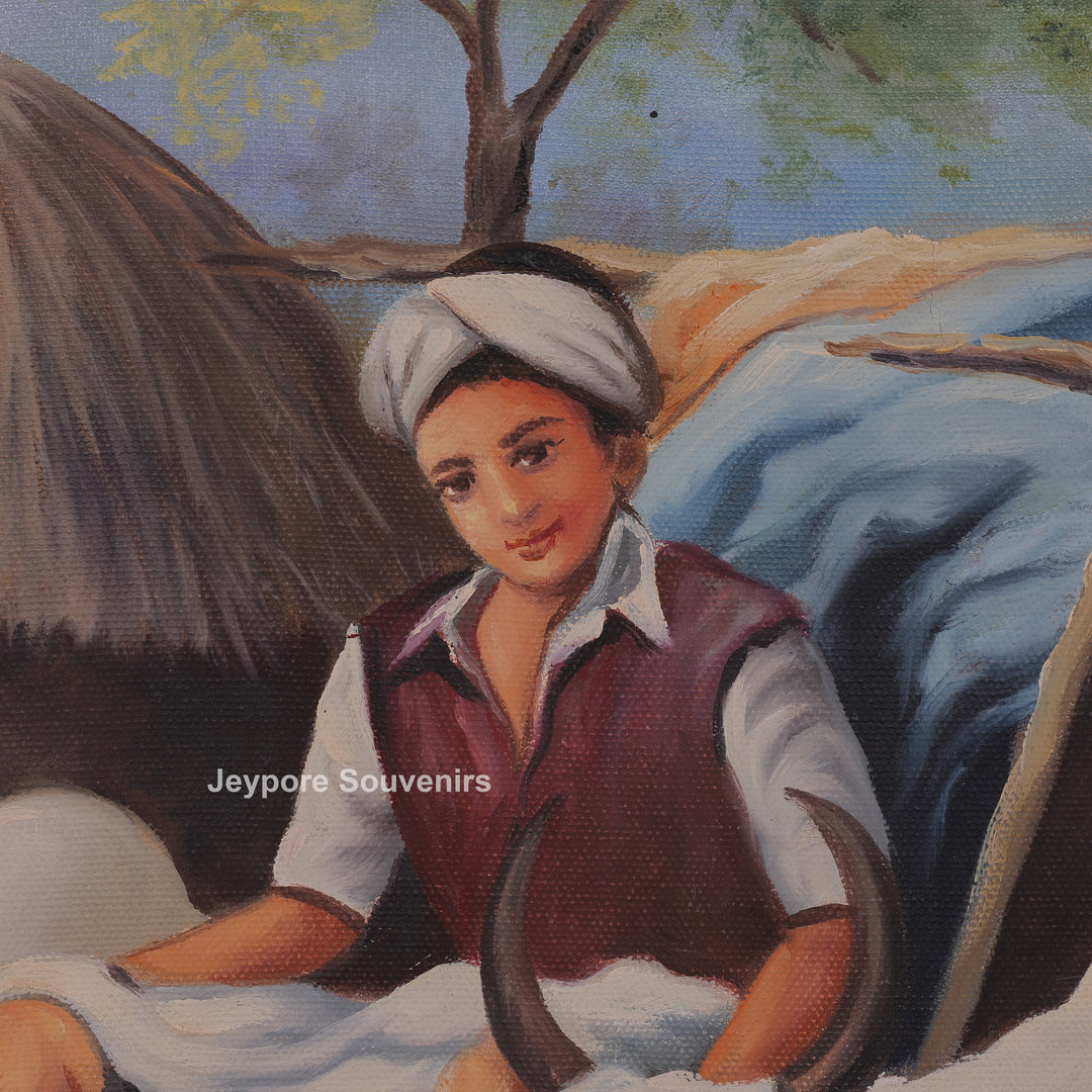 Indian Village Life Canvas Painting | Handcrafted Rural Heritage Wall Art