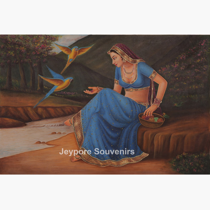 Indian Woman Feeding Birds by Riverside - Canvas Painting