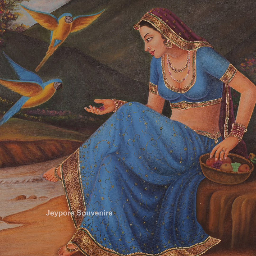 Indian Woman Feeding Birds by Riverside - Canvas Painting