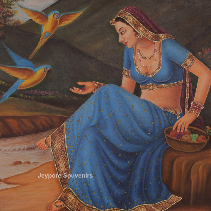 Indian Woman Feeding Birds by Riverside - Canvas Painting