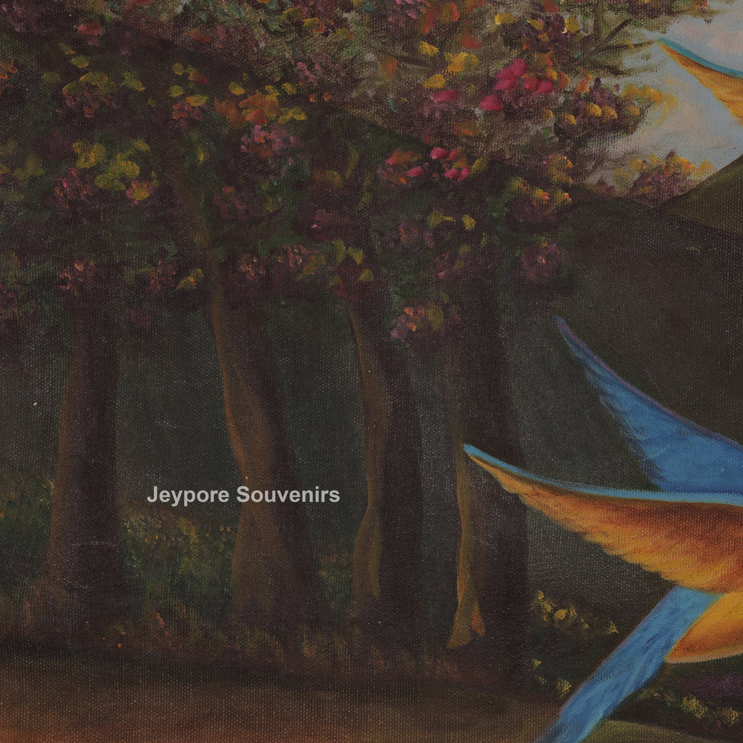 Indian Woman Feeding Birds by Riverside - Canvas Painting