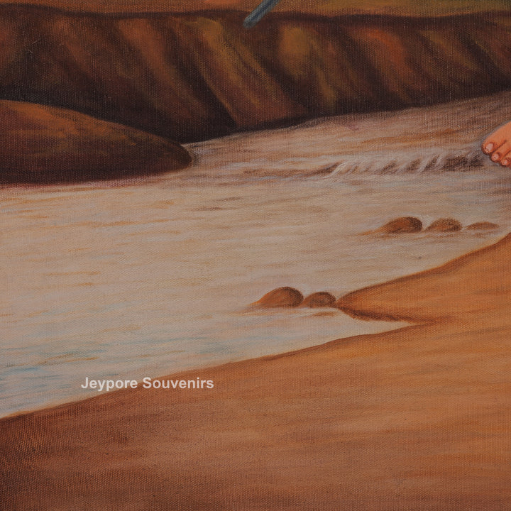 Indian Woman Feeding Birds by Riverside - Canvas Painting