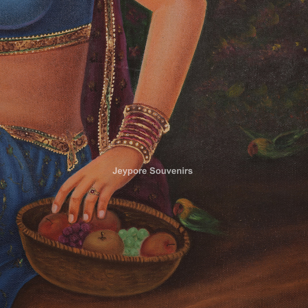 Indian Woman Feeding Birds by Riverside - Canvas Painting