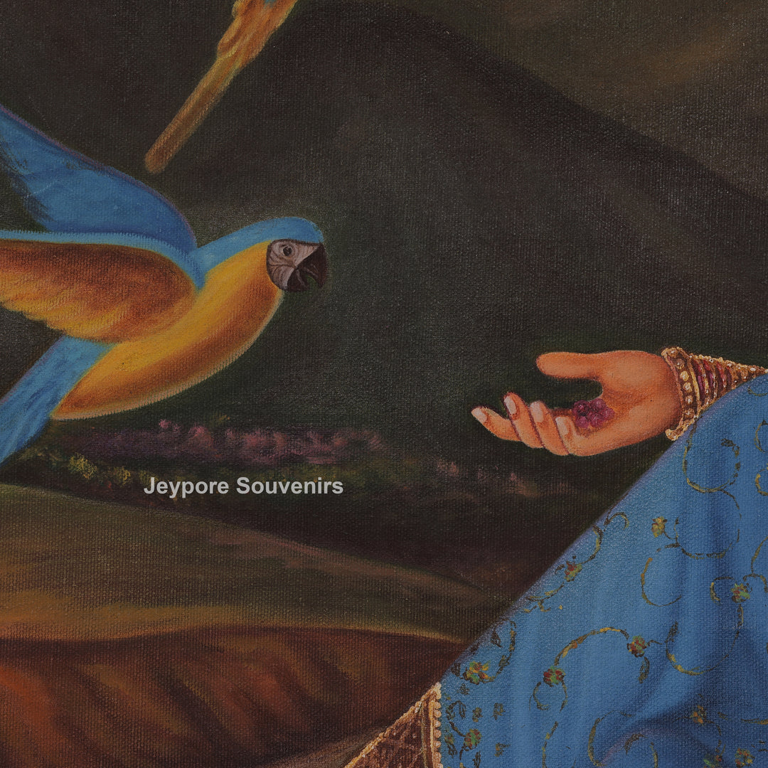 Indian Woman Feeding Birds by Riverside - Canvas Painting