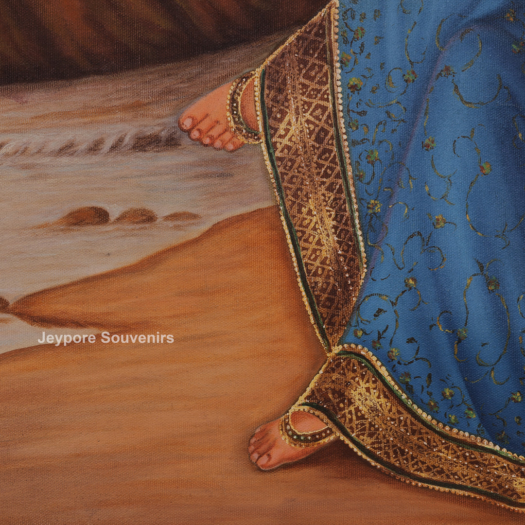 Indian Woman Feeding Birds by Riverside - Canvas Painting