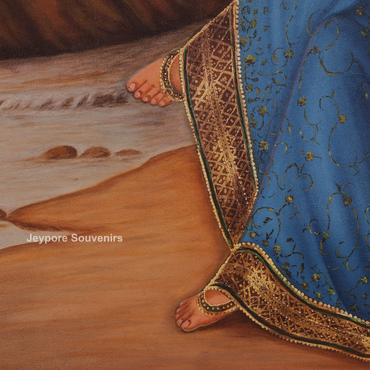 Indian Woman Feeding Birds by Riverside - Canvas Painting