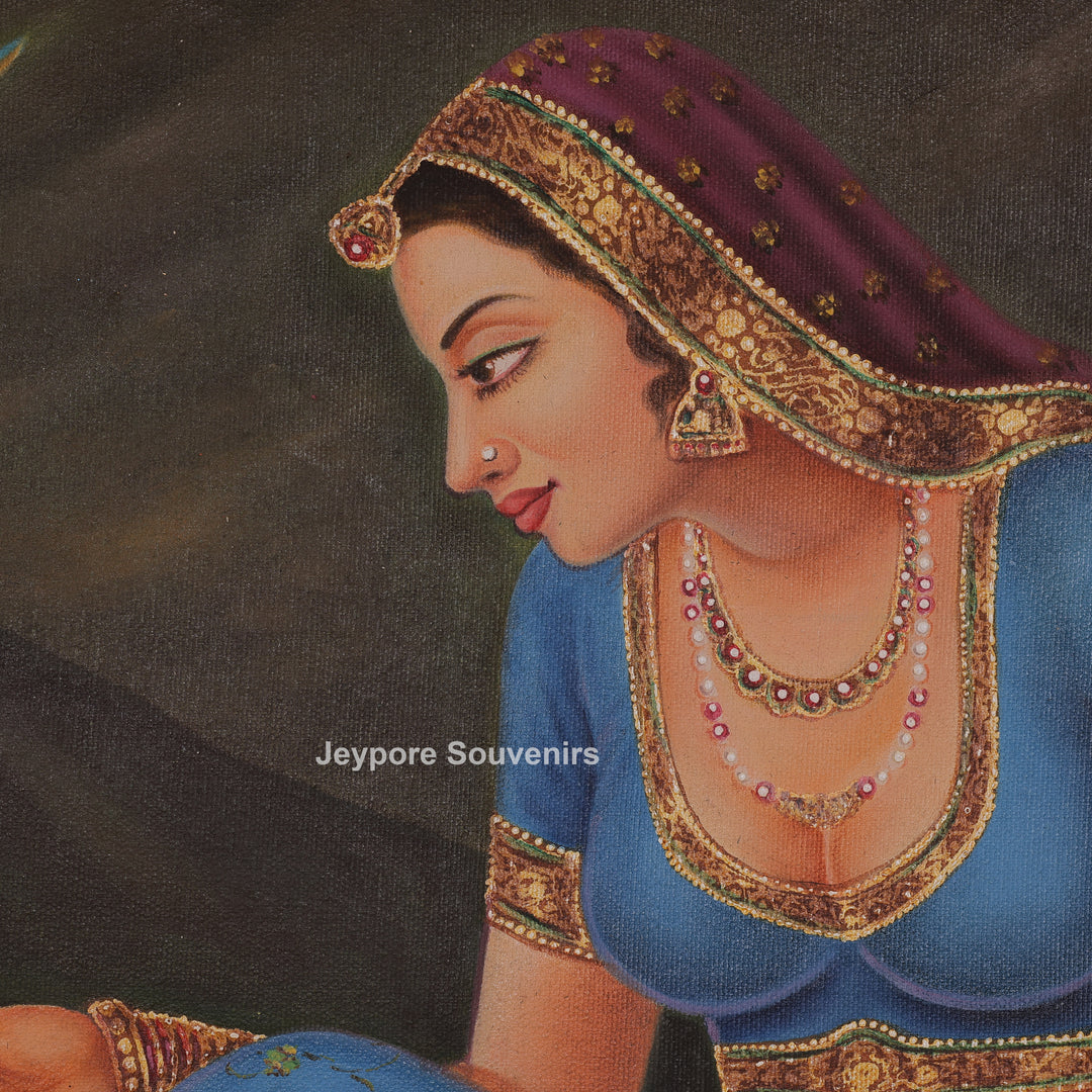 Indian Woman Feeding Birds by Riverside - Canvas Painting