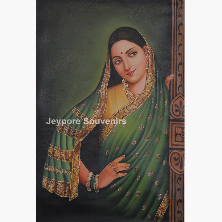 Traditional Women Waiting At The Door - Handmade Painting