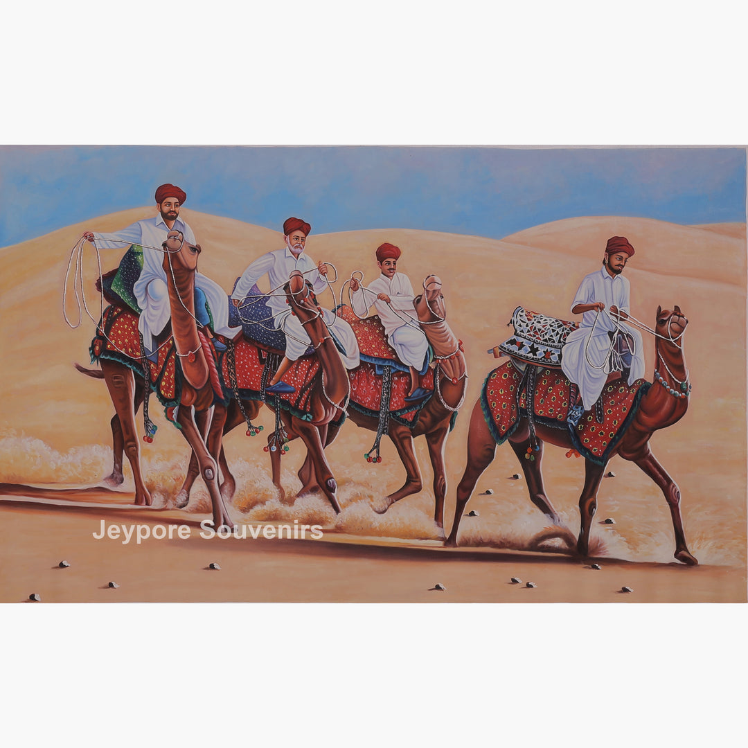 Men On Camel in a Desert Rajasthani Style - Painting