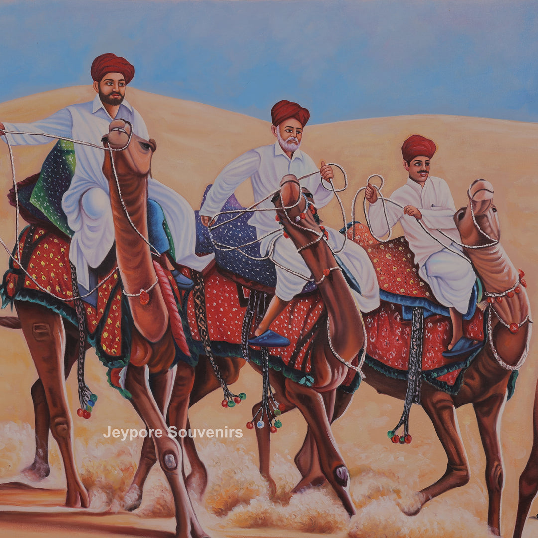 Men On Camel in a Desert Rajasthani Style - Painting