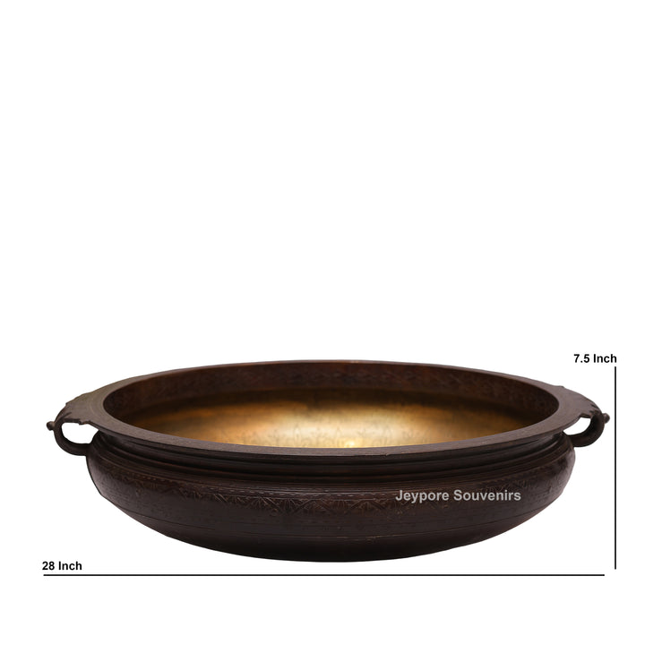 Antique Brass Urli Bowl with Dark Finished Exterior &amp; Side Handle