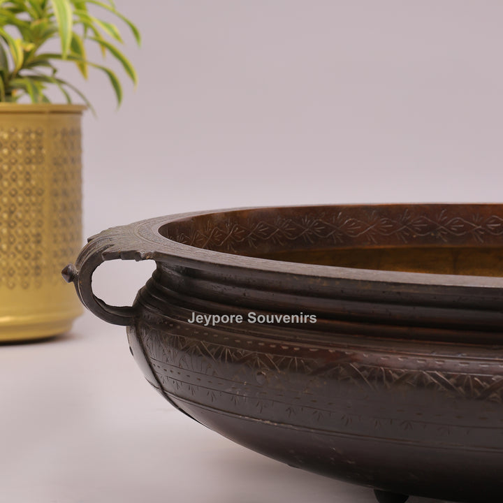 Antique Brass Urli Bowl with Dark Finished Exterior &amp; Side Handle
