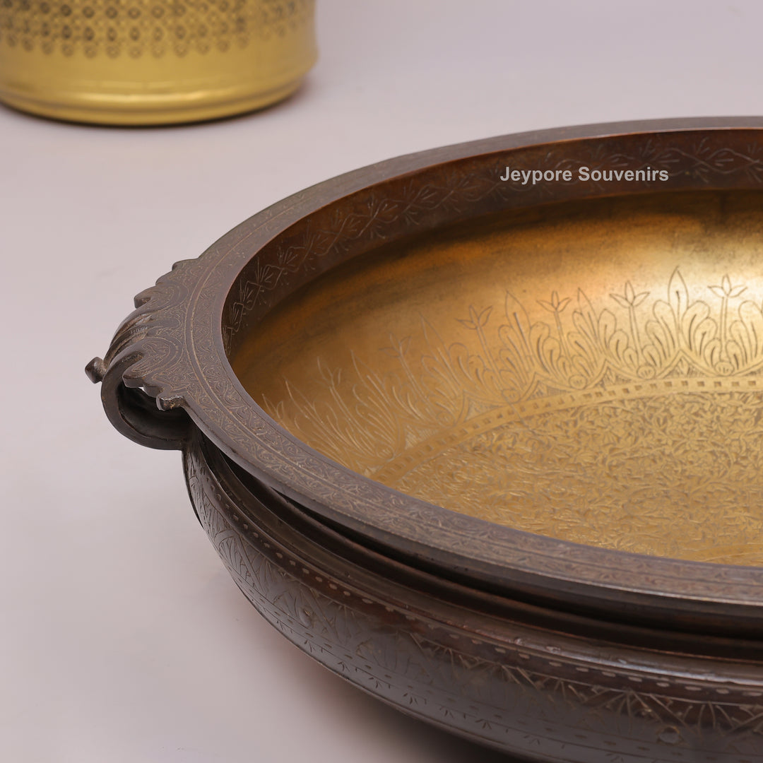 Antique Brass Urli Bowl with Dark Finished Exterior &amp; Side Handle